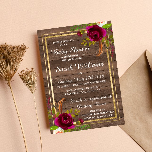 Burgundy Floral Rustic Gold Rose Baby Shower Invitation (Creator Uploaded)