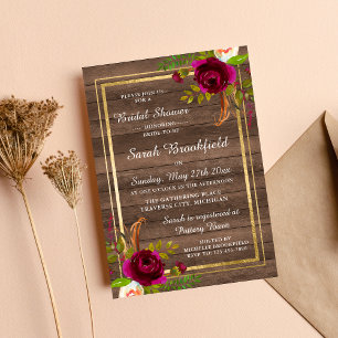 Burgundy Floral Rustic Gold Rose Bridal Shower Invitation