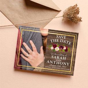 Burgundy Floral Rustic Gold Rose Save The Date
