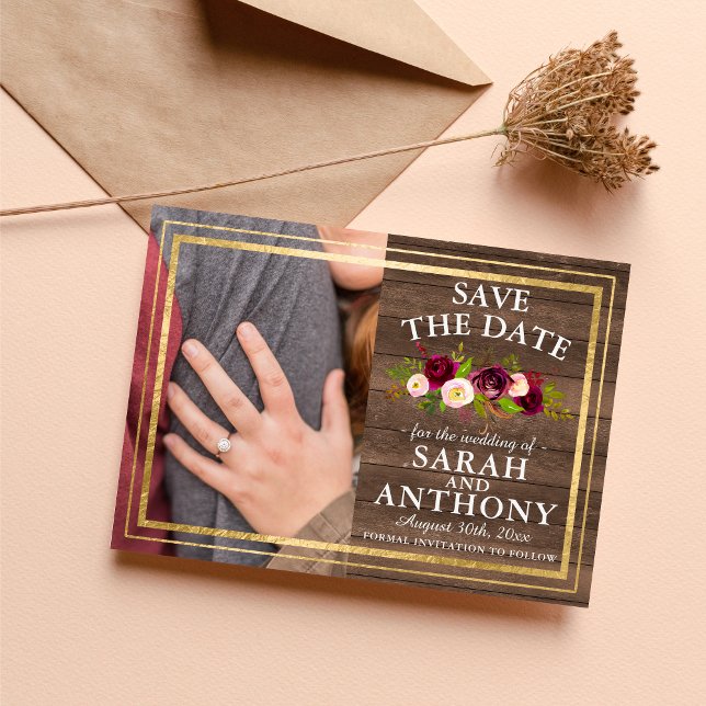 Burgundy Floral Rustic Gold Rose Save The Date (Creator Uploaded)