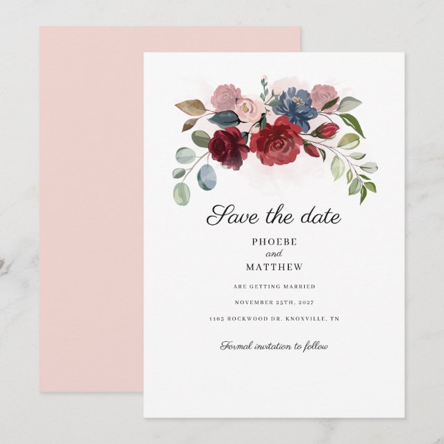 Burgundy Floral Rustic Greenery Modern Save The Date (Front/Back)