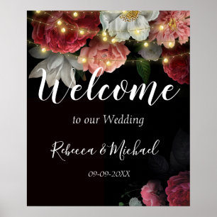 Burgundy Floral Rustic string lights Poster