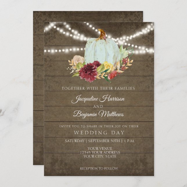 Burgundy Floral Rustic Twinkle Wood w Blue Pumpkin Invitation (Front/Back)