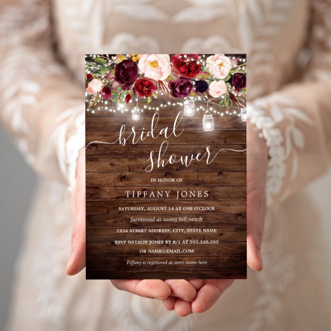 Burgundy Floral Rustic Wood Bridal Shower Invite (Creator Uploaded)
