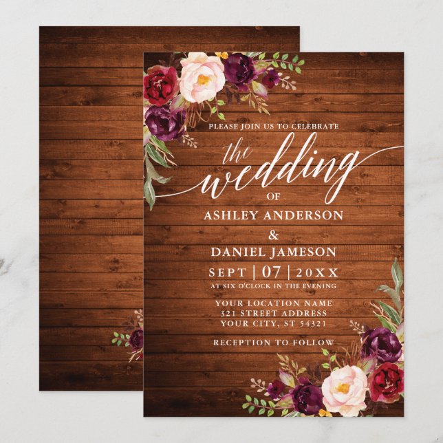 Burgundy Floral Rustic Wood Calligraphy Wedding Invitation (Front/Back)