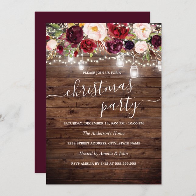 Burgundy Floral Rustic Wood Christmas Party Invite (Front/Back)