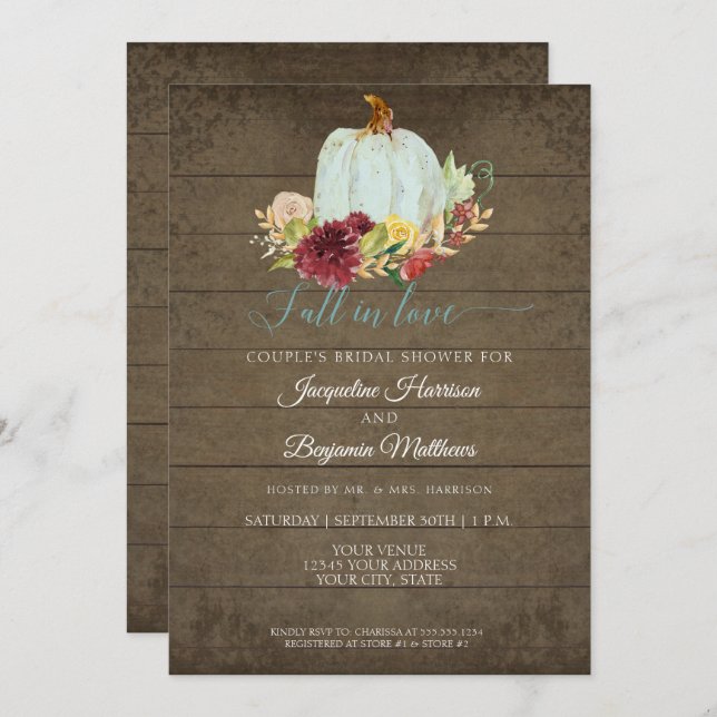 Burgundy Floral Rustic Wood Watercolor Pumpkin Invitation (Front/Back)