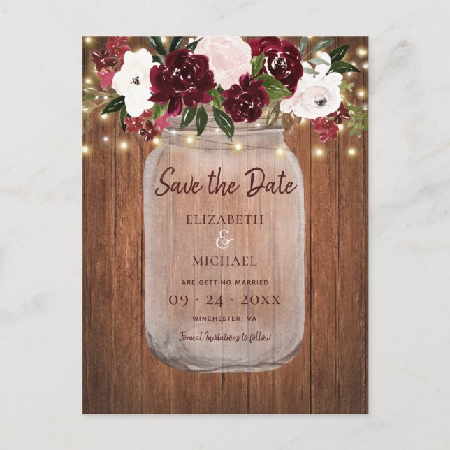 Burgundy Floral Rustic Wood Wedding Save the Date Announcement Postcard (Front)