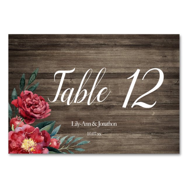 Burgundy Floral Rustic Wood Wedding Table Number (Front)