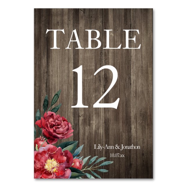 Burgundy Floral Rustic Wood Wedding Table Number (Front)