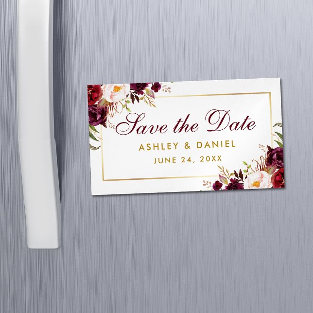 Burgundy Floral Save The Date Gold Mini Magnet (Customize to change text size, color or text style.)
