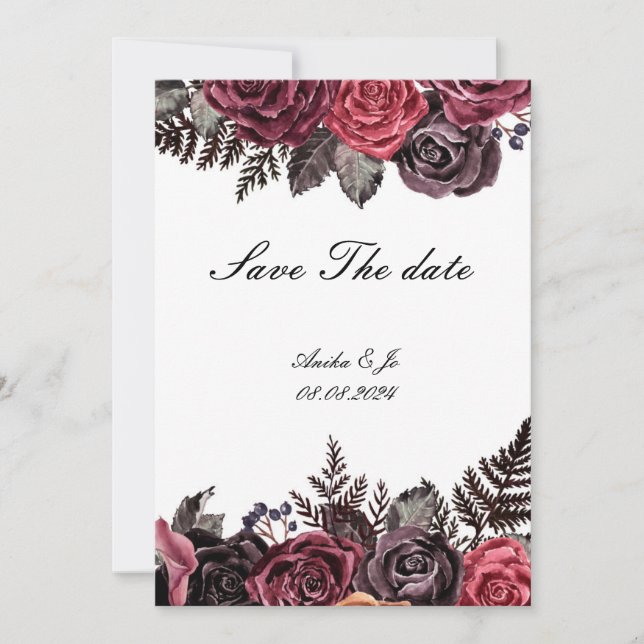 Burgundy floral save the date wedding (Front)