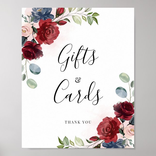 Burgundy Floral Script  Dusty Blue Gifts and Cards Poster (Front)