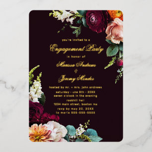 Burgundy Floral Script Engagement Party Gold