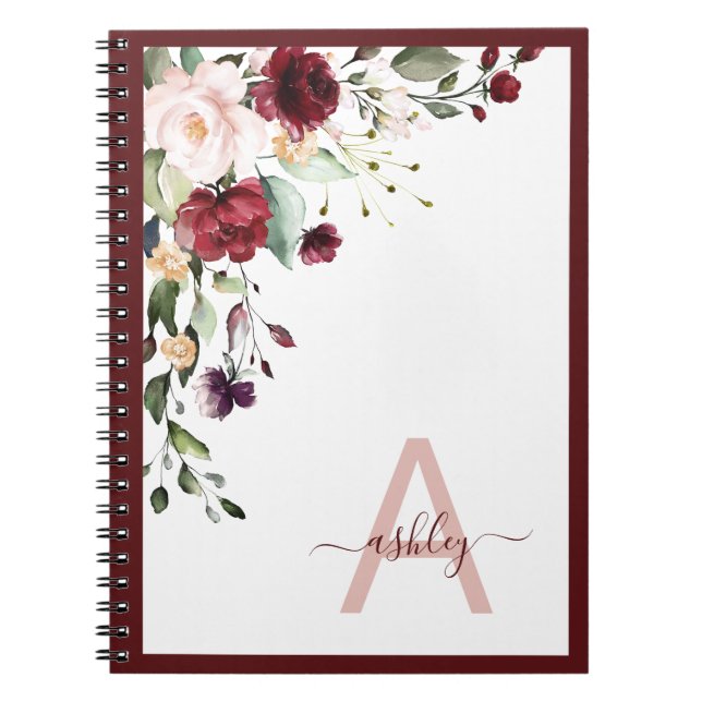 Burgundy Floral Script Monogram Initial Name Notebook (Front)