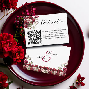 Burgundy Floral Script QR Code Wedding Details Enclosure Card