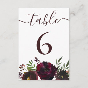 Burgundy Floral Script Wedding Table Number