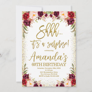 Burgundy Floral, Shhh it's a Surprise Birthday Invitation