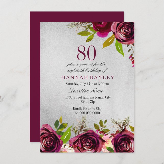 Burgundy Floral Silver 80th Birthday Invite (Front/Back)