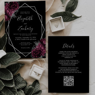 Burgundy Floral Silver Frame Black QR Code Wedding Invitation