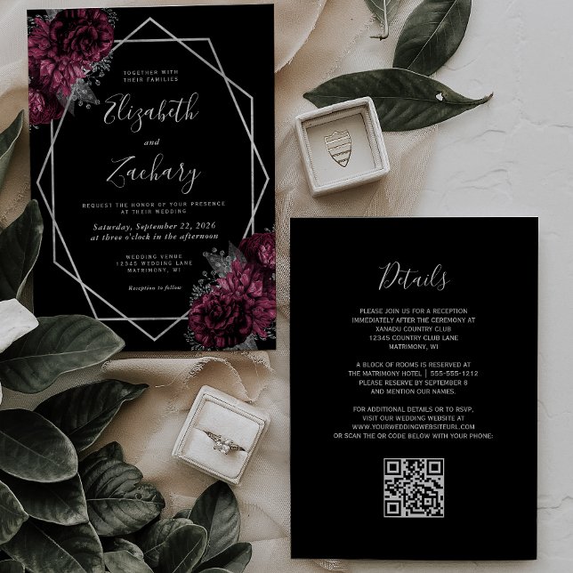 Burgundy Floral Silver Frame Black QR Code Wedding Invitation (Creator Uploaded)