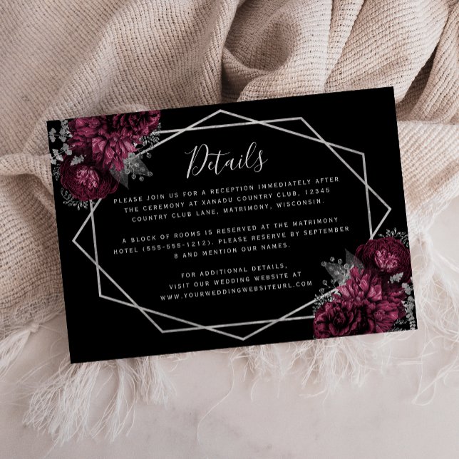 Burgundy Floral Silver Frame Black Wedding Details Enclosure Card (Creator Uploaded)