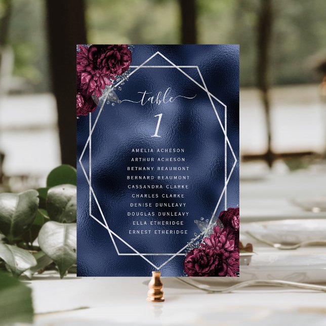 Burgundy Floral Silver Frame Navy Foil Wedding Table Number (Creator Uploaded)