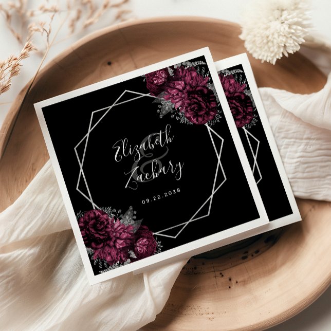 Burgundy Floral Silver Geometric Black Wedding Napkin (Creator Uploaded)