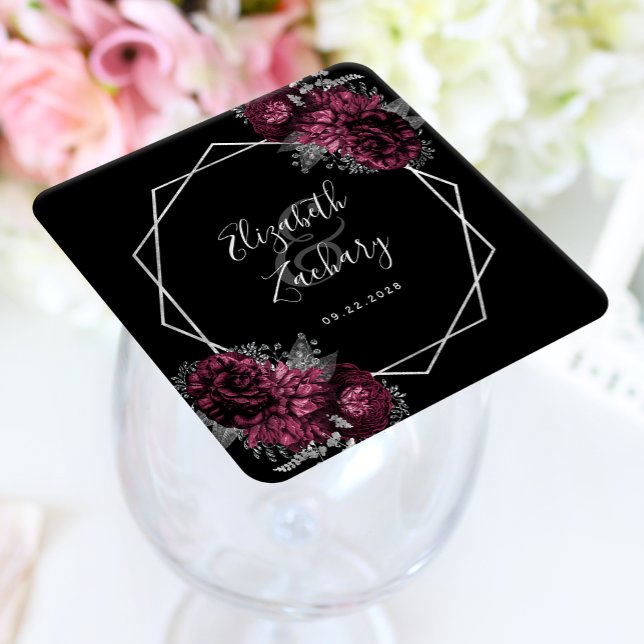 Burgundy Floral Silver Geometric Black Wedding Square Paper Coaster (Creator Uploaded)