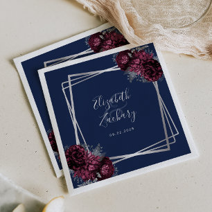 Burgundy Floral Silver Geometric Navy Blue Wedding Napkin