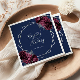 Burgundy Floral Silver Geometric Navy Blue Wedding Napkin