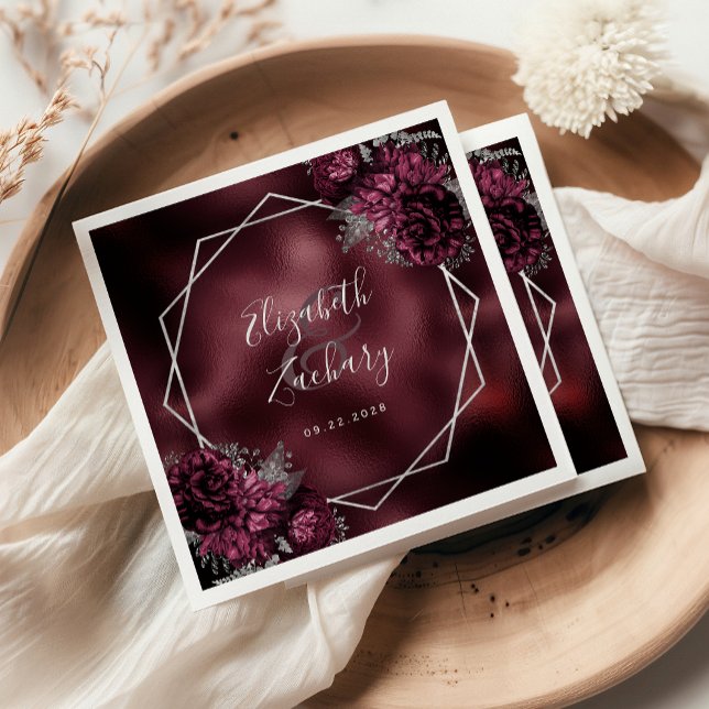 Burgundy Floral Silver Geometric Wedding Napkin (Creator Uploaded)