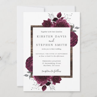Burgundy Floral Silver Glitter Rustic Wood Wedding Invitation