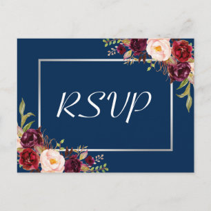 Burgundy Floral Silver Grey Navy Blue Wedding RSVP Invitation Postcard
