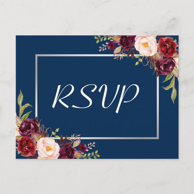 Burgundy Floral Silver Grey Navy Blue Wedding RSVP Invitation Postcard (Front)