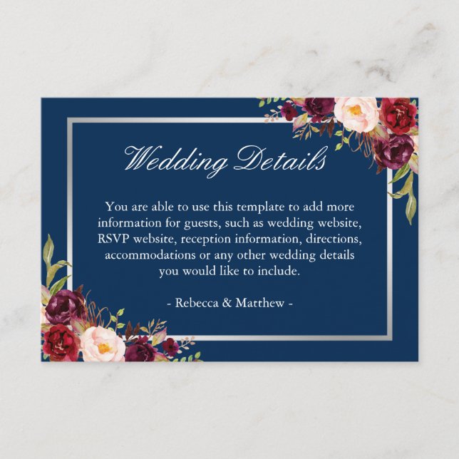 Burgundy Floral Silver Navy Blue Wedding Details Enclosure Card (Front)