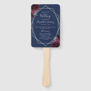 Burgundy Floral Silver Navy Blue Wedding Program Hand Fan