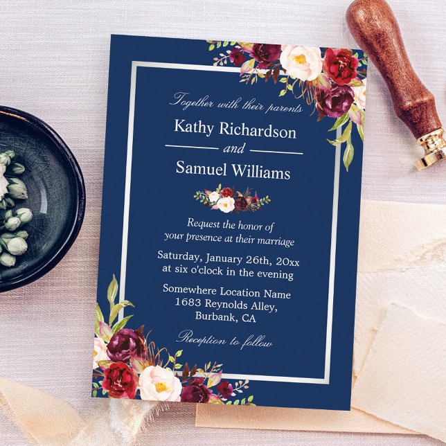 Burgundy Floral Silver Navy Blue Winter Wedding Invitation (Creator Uploaded)