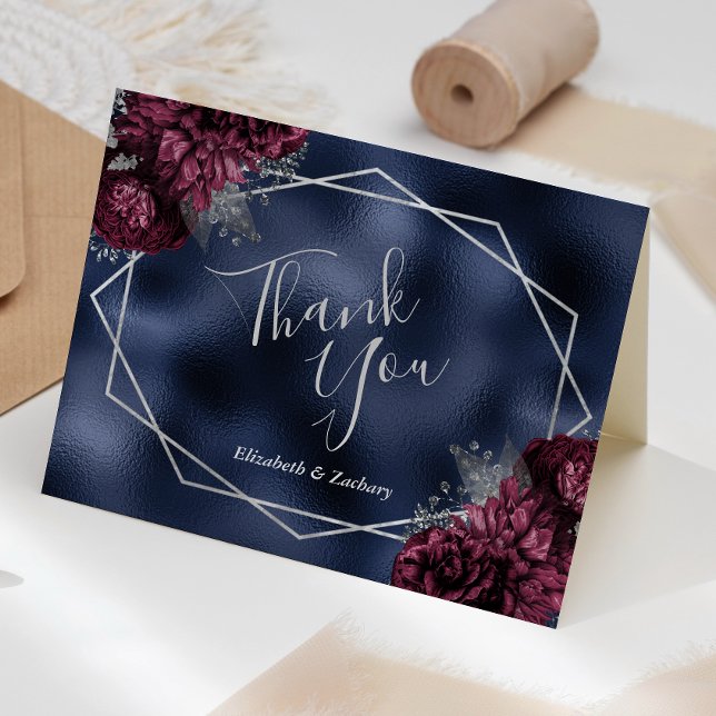 Burgundy Floral Silver Navy Foil Geometric Wedding Thank You Card (Creator Uploaded)