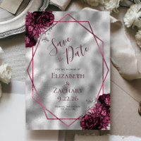 Burgundy Floral Silver Polygonal Save the Date