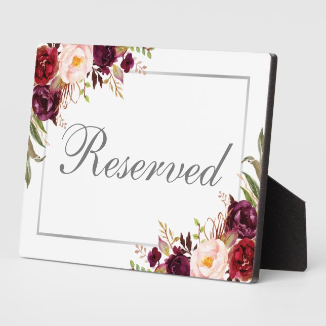 Burgundy Floral Silver Reserved 5x7 Table Plaque (Side)