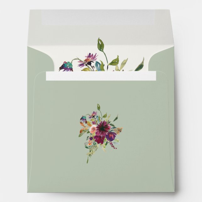 Burgundy Floral Simple Elegant Soft Green Square Envelope (Back (Bottom))