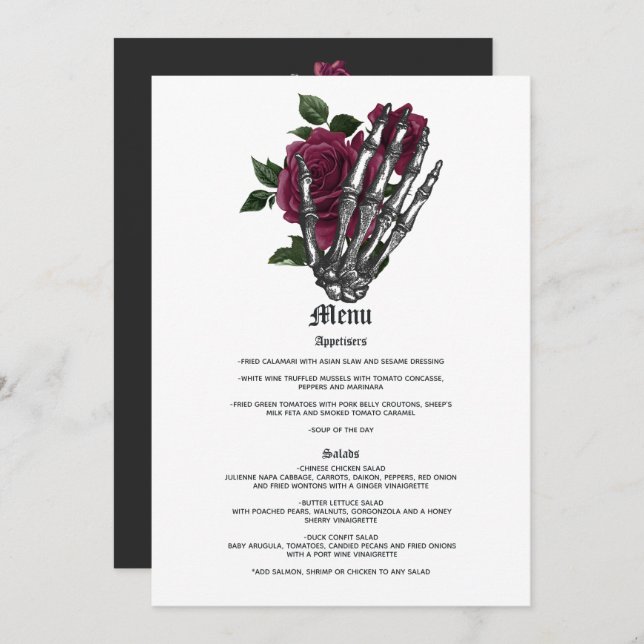 Burgundy Floral Skeleton Gothic Wedding Menu (Front/Back)
