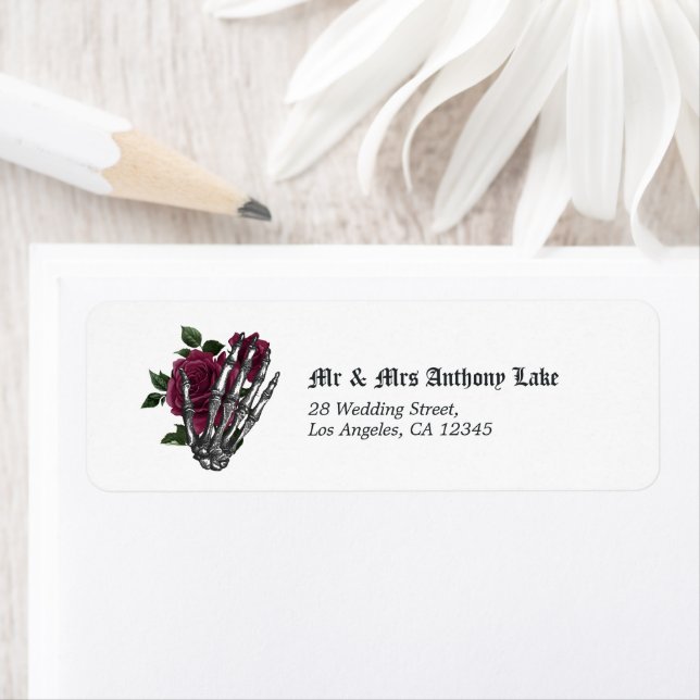 Burgundy Floral Skeleton Gothic Wedding Return Address Label (Insitu)