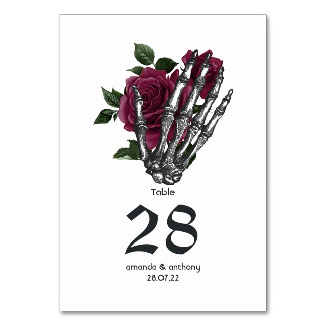 Burgundy Floral Skeleton Gothic Wedding Table Number (Front)