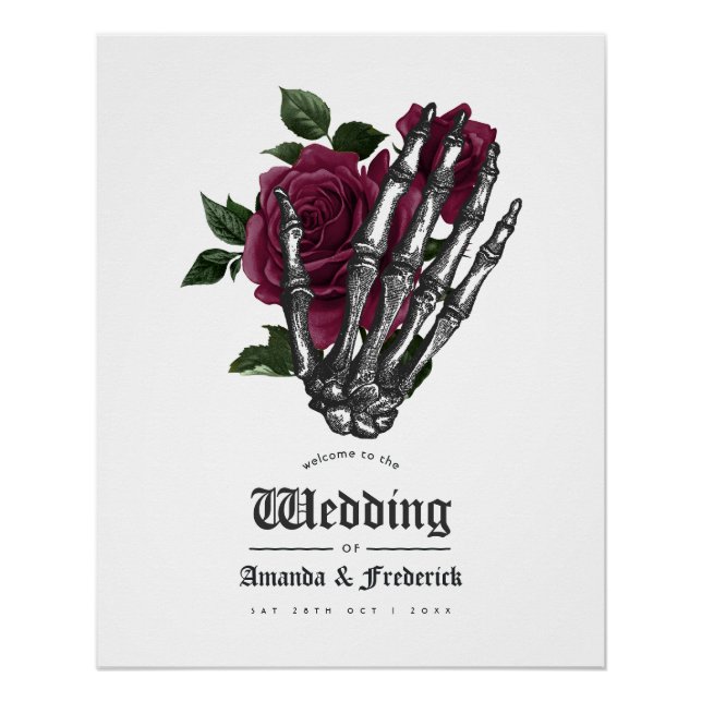 Burgundy Floral Skeleton Gothic Wedding Welcome Poster (Front)