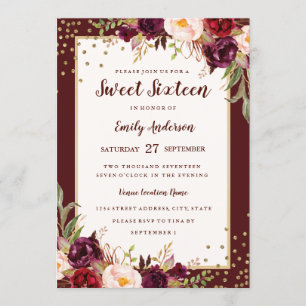 Burgundy Floral Sparkle Sweet Sixteen Invite