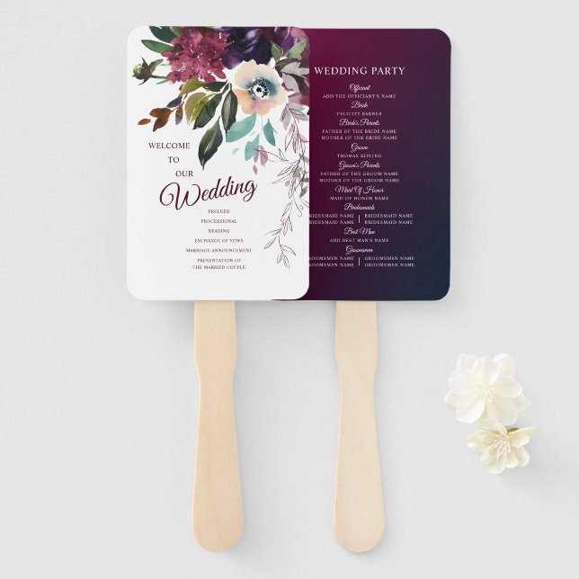 Burgundy Floral Splendour Wedding Program Hand Fan (Front and Back)