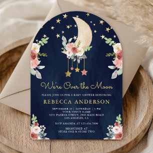 Burgundy Floral Stars Moon Arch Navy Baby Shower Invitation