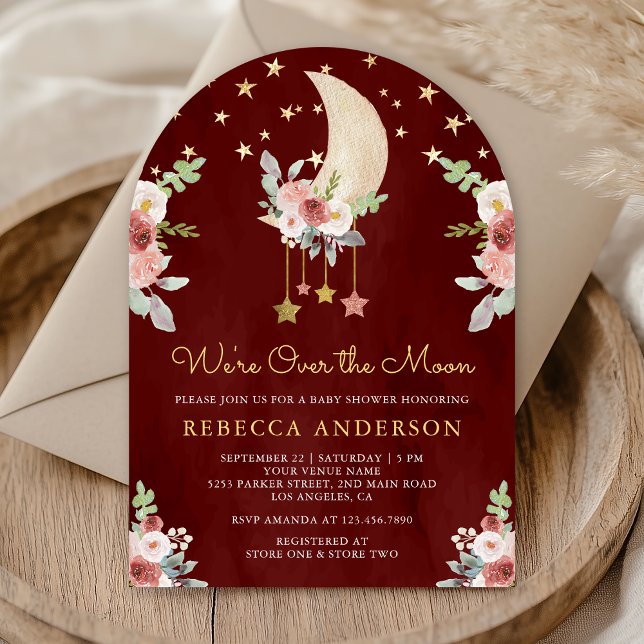 Burgundy Floral Stars Moon Arch Red Baby Shower Invitation (Creator Uploaded)